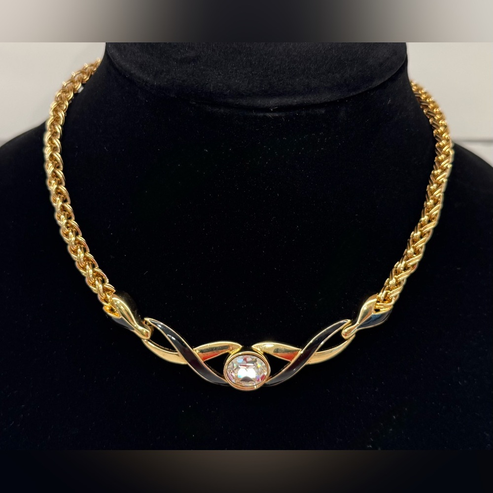 Vintage S.A.L. Swarovski Gold-Tone, Black Enamel Necklace w/Brilliant Crystal
